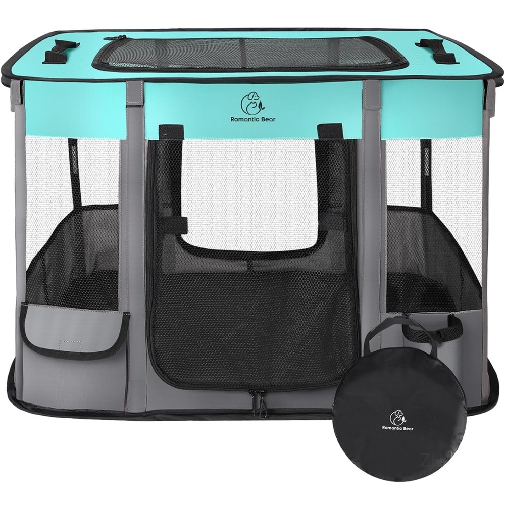 Romantic Bear Portable Pet Playpen - Teal and Gray NWT